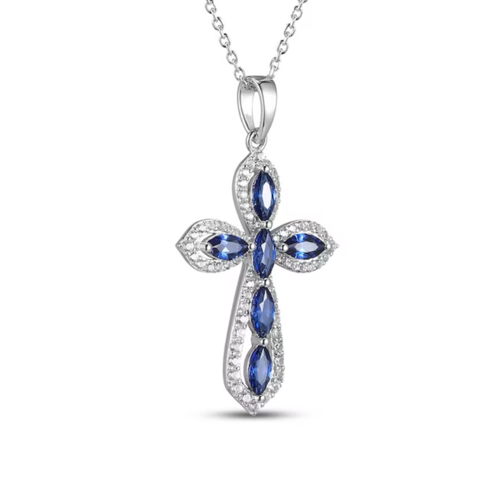 Marquis-cut Blue & White Sapphire Cross Necklace -Sterling Silver Authentic
-18” - Picture 14 of 15